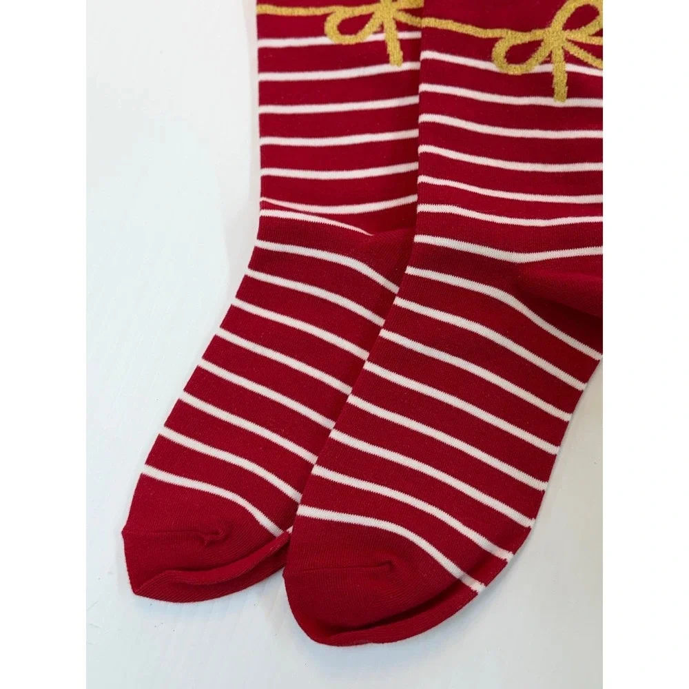 Unbranded Socks Red White Striped Gold Bow Holiday Christmas Crew One Size Women
